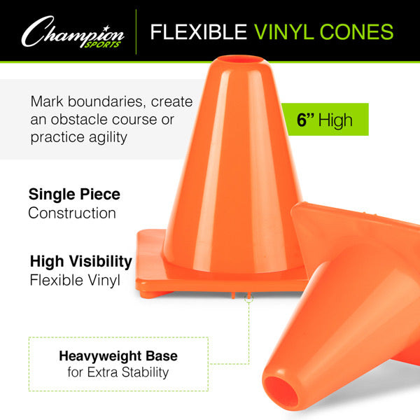 6 Inch High Visibility Flexible Vinyl Cone, Orange